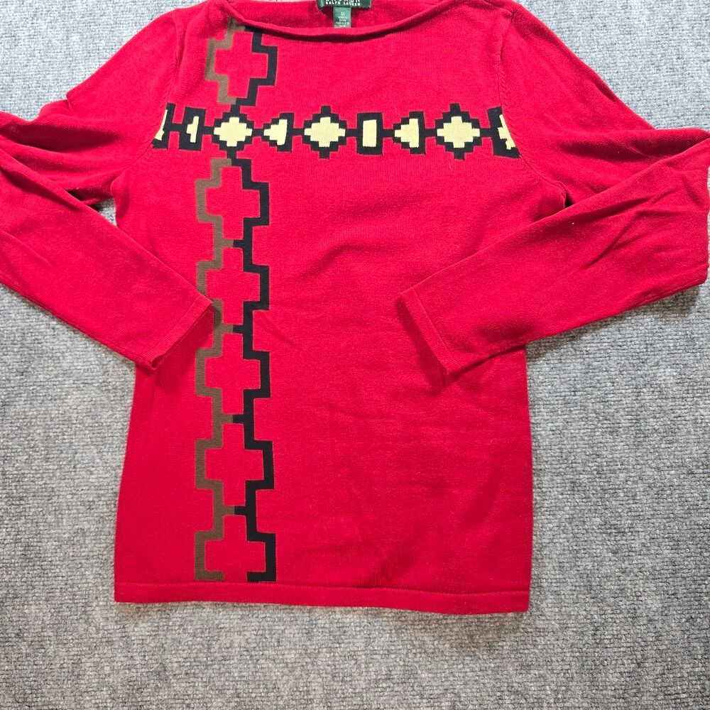 Ralph Lauren Southwestern Aztec Sweater Womens M Red Boho Knit Pullover